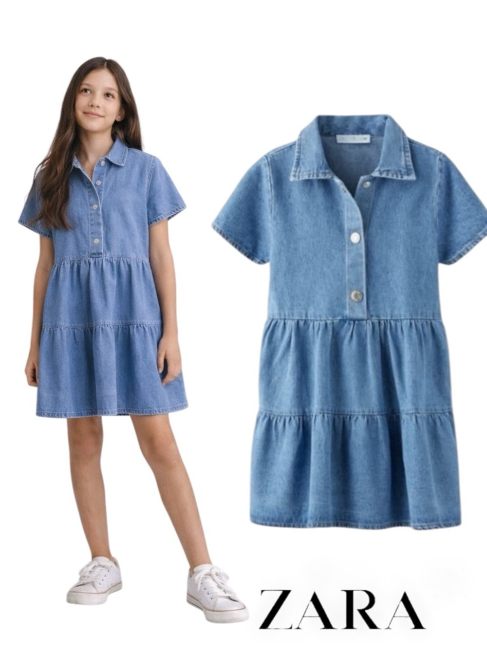 ZARA Girls Blue Tiered Denim Dress NWT Size 12